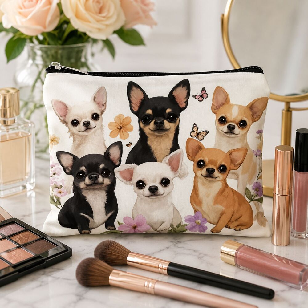 Chihuahua Dog Print Cosmetic Makeup Bag Zipper Pouch Travel Toiletry Organizer